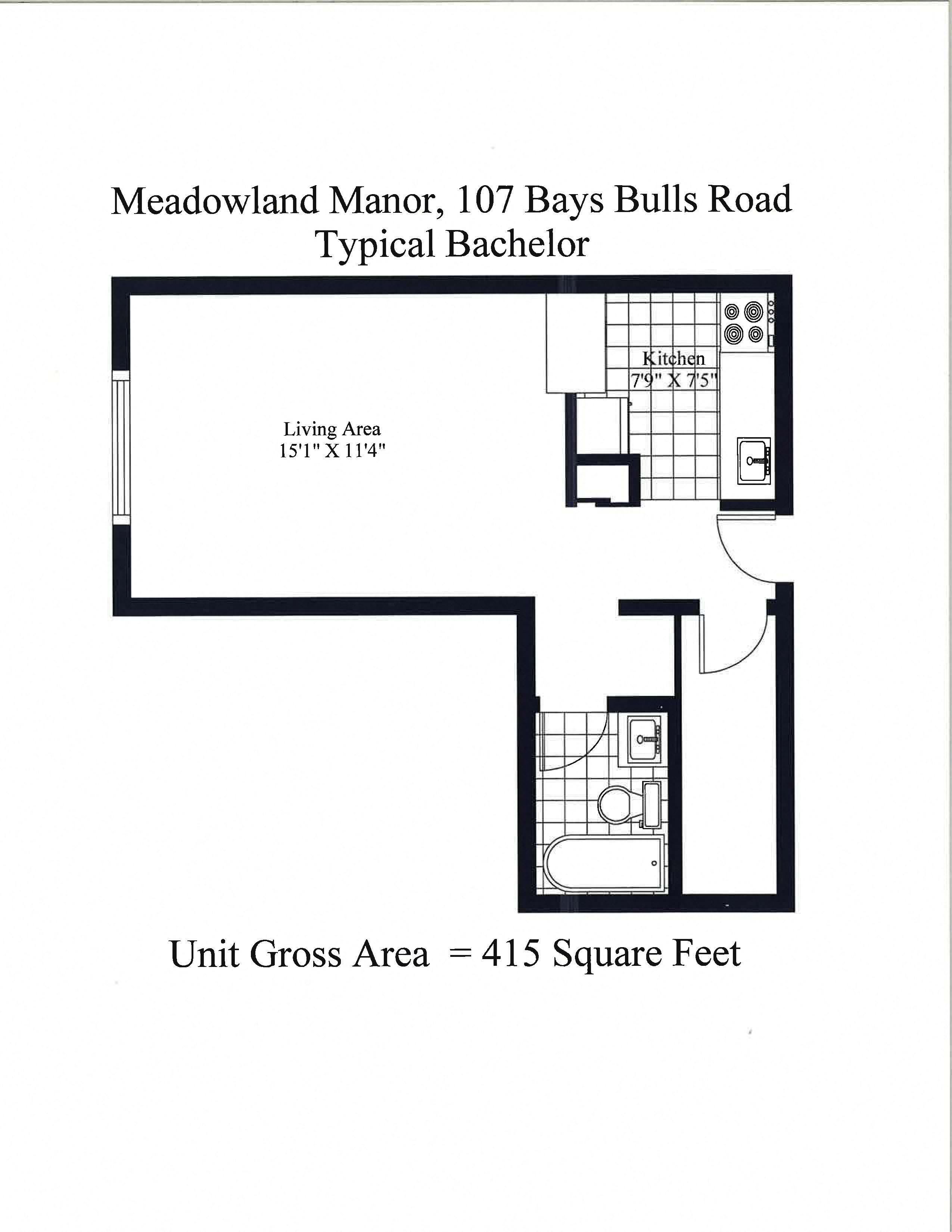 Floor plan for studio, 1 bath, 415 sqft